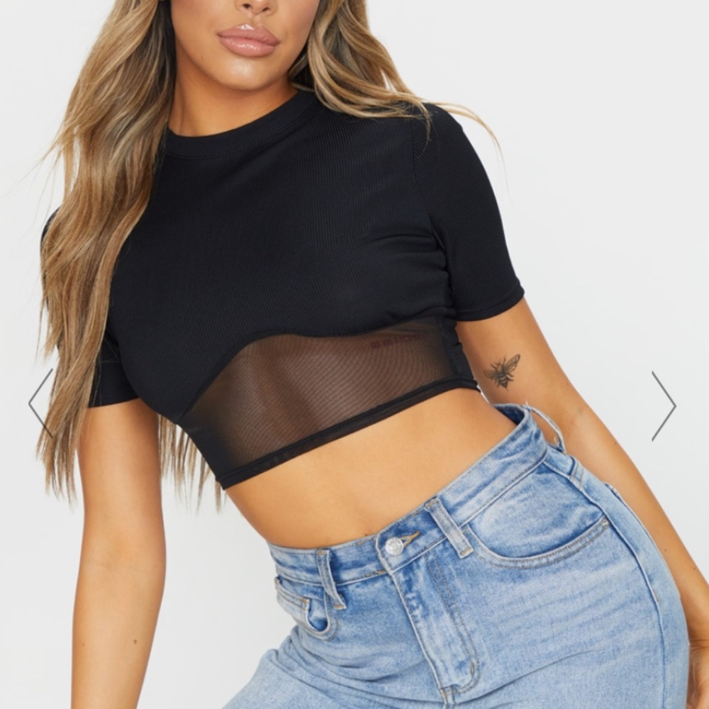 Black Rib Mesh Underbust Crop Top